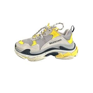 Balenciaga Women Triple S Size US 9/39 Grey/Yellow Leather/Mesh Lace Up Sneakers